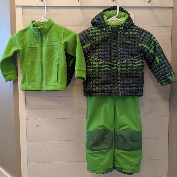 🐸 Columbia Boy's Plaid & Lime Winter Jacket / Snow Bibs / Fleece Set; Size: 3T - Picture 1 of 16